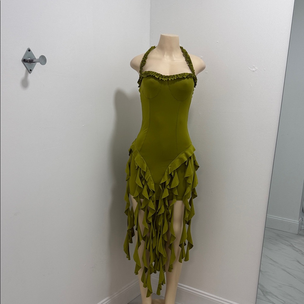 Green Halter Dress with Ruffle Details
